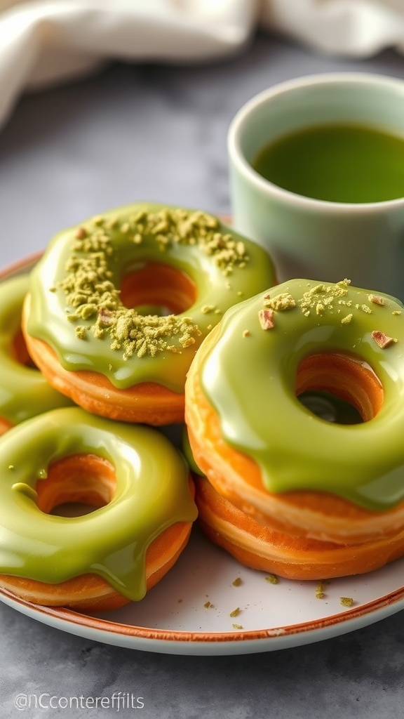 Freshly baked matcha glazed donuts on a plate with a cup of green tea.